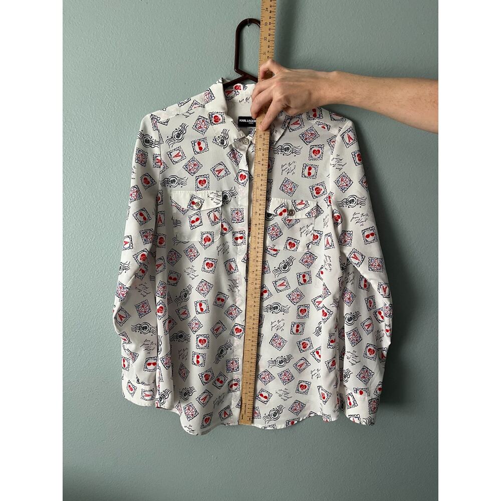 Karl Lagerfeld Paris Blouse / Women US M Medium / Button Up White Paris Stamp - Picture 10 of 11
